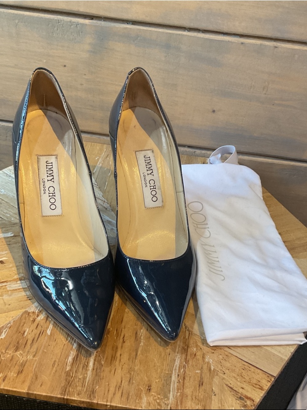 Jimmy Choo Navy Patent Pointed Toe Stiletto Pumps